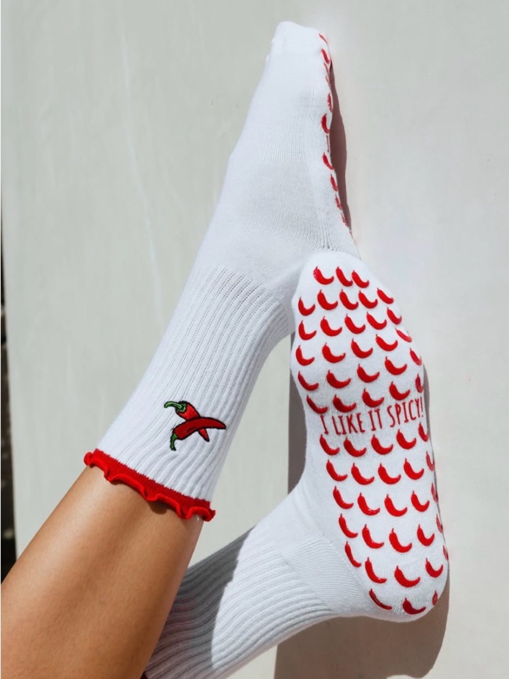 LisaMaree White Athletic Grip Socks with Red Chili Accent